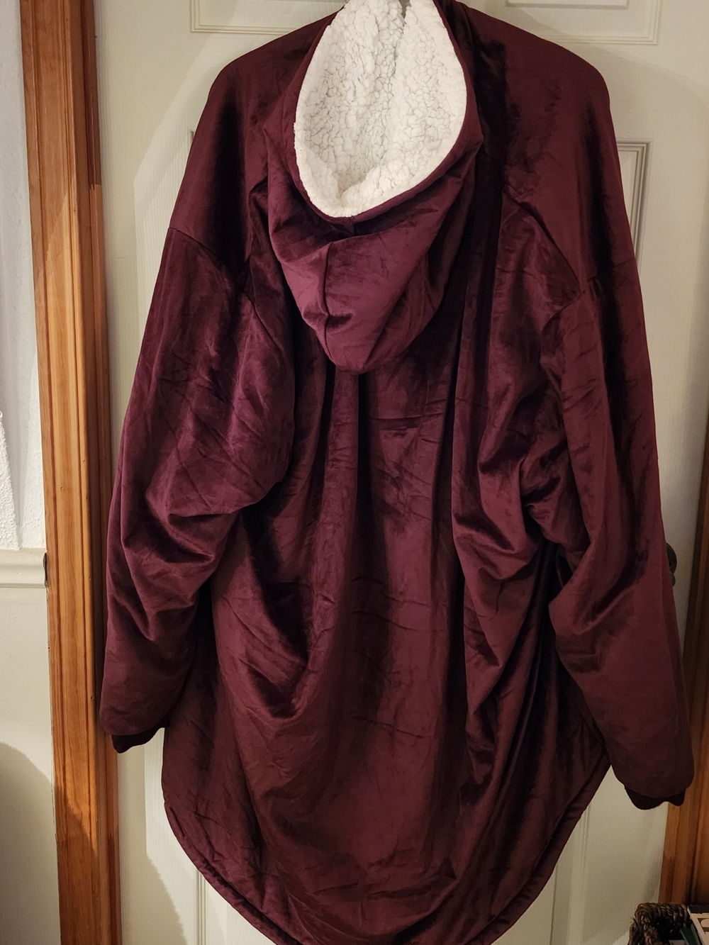 Women's Plush Hooded Coat Blanket in Burgundy